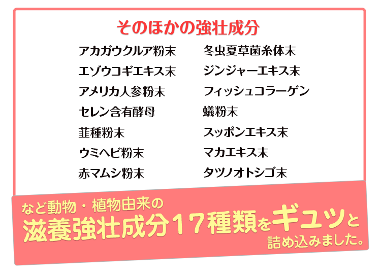 そのほかの強壮成分　アカガウクルア粉末、エゾウコギエキス末、アメリカ人参粉末、セレン含有酵母、韮種粉末、ウミヘビ粉末、赤マムシ粉末、冬虫夏草菌糸体末、ジンジャーエキス末、フィッシュコラーゲン、蟻粉末、スッポンエキス末、マカエキス末、タツノオトシゴ末　など動物・植物由来の滋養強壮成分１７種類をギュッと詰め込みました。